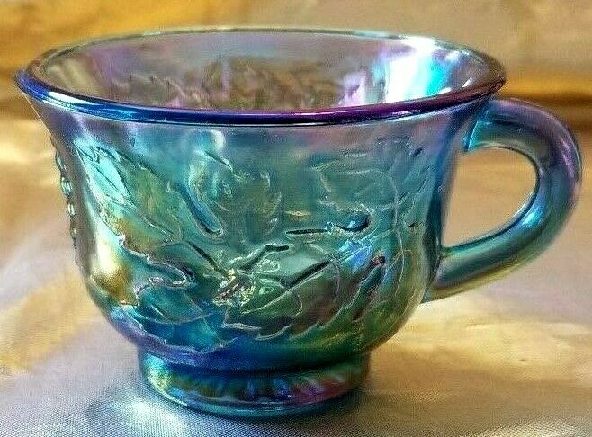 ANTIQUE IMPERIAL CARNIVAL GLASS BLUE PUNCH CUP LEAVES & GRAPES  UNMARKED