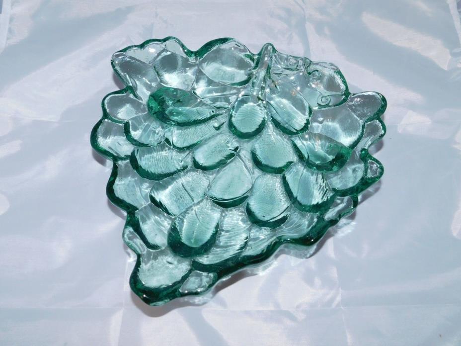Vintage Grape Shaped Pattern Green  Art Glass Candy Nut Trinket Footed Dish