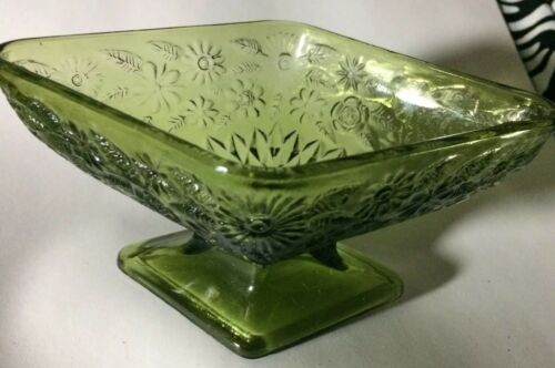 1940s Antique Cut Green Glass Diamond Pedestal Candy Trinket Dish Retro Bowl ??