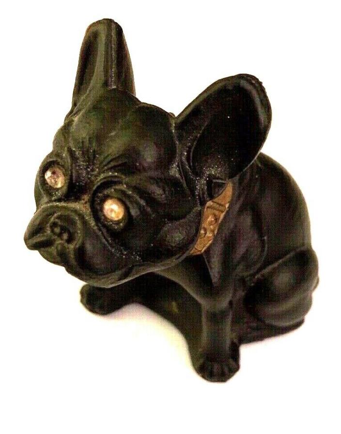 Vintage Black French Bulldog Westmoreland Heavy Glass Figurine Rhinestone Eyes