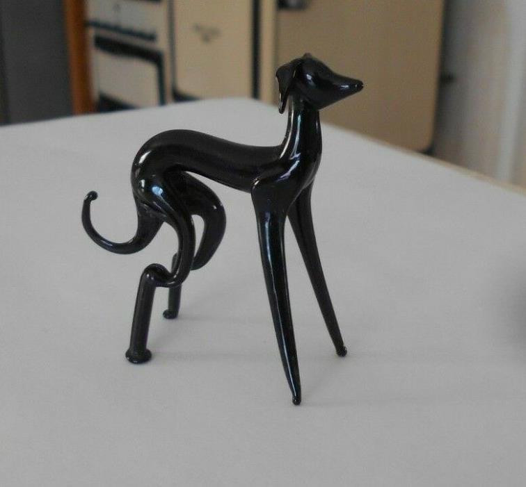 VTG BLACK BLOWN GLASS DOG  Grey Gray Hound  Miniature 2