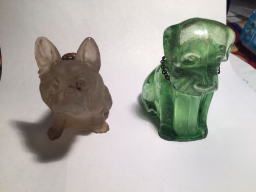 Lot Of TWO Vintage Antique Glass Sitting Pug? Dogs One Clear And One Green Glass
