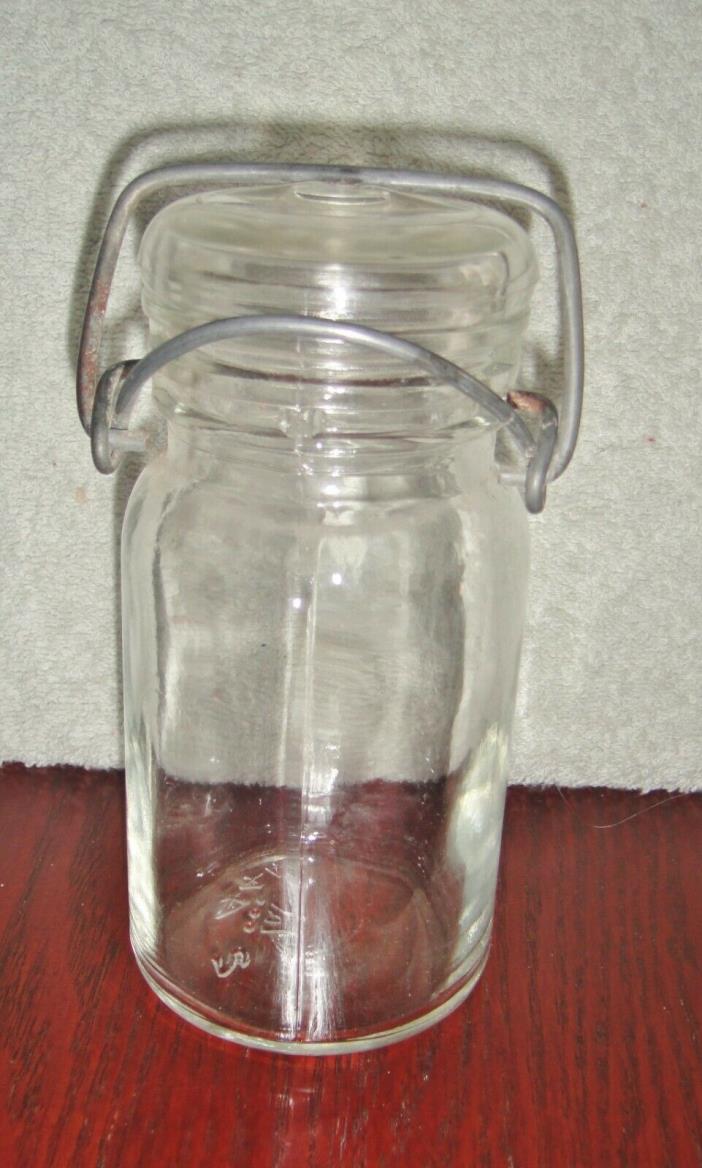 Antique Hazel Atlas Glass Jar With Lid, # 444, Wire Bail with Lock Top, 8 Oz