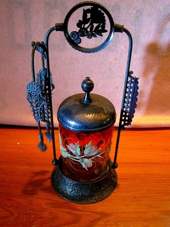 Derby Pickle Castor.....Cranberry Hand Decorated Jar...Antique....Complete