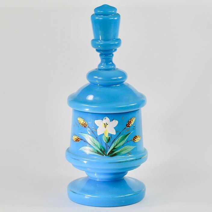 Antique blue opaline hand blown glass vanity Box or lidded Jar enamel flower