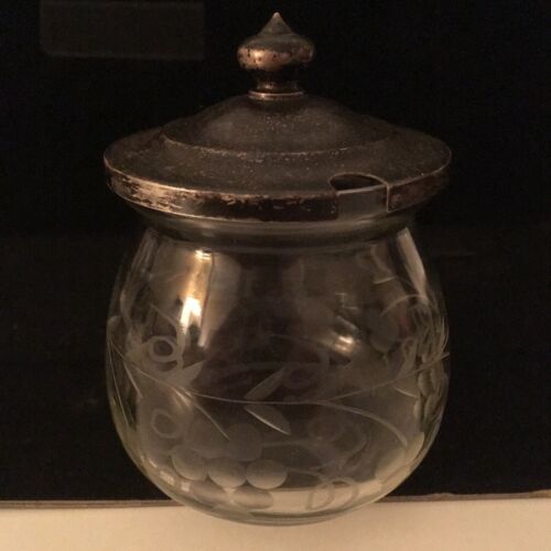 Vintage Etched Crystal Glass Condiment Jar Sterling Silver Top With Monogram D