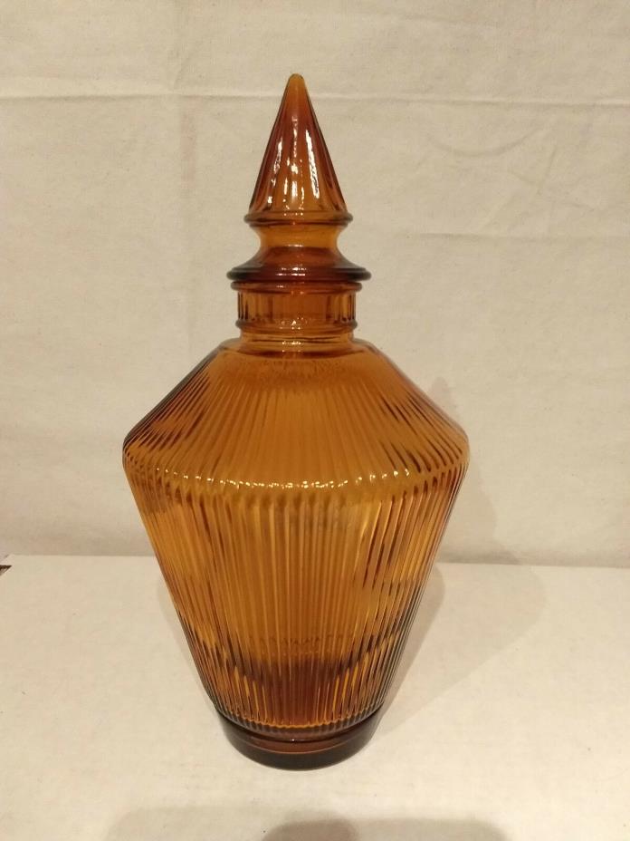 AMBER Italian American Art Glass APOTHECARY JAR Fine Ribbed URN Spear Stopper