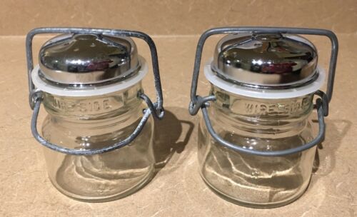 Antique Wire Side Glass Jar With Salt & Pepper Shaker Tops New FREE Shipping