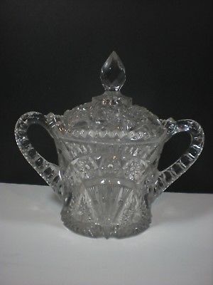 1800's EAPG Cracker Biscuit JAR Covered Lid Brilliant Glass Sawtooth FAN Stars