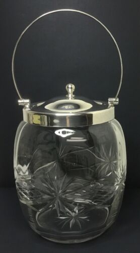 ANTIQUE CUT GLASS BISCUIT JAR - Silverplate Lid, Handle & Rim