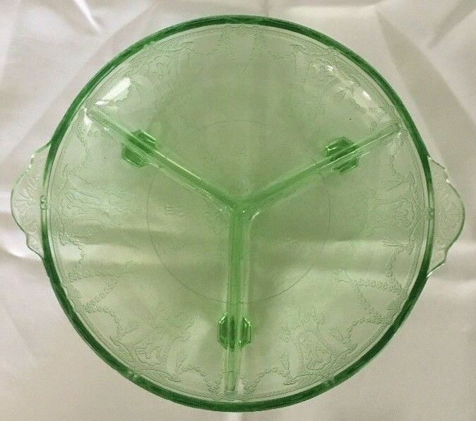 Rare Vintage Green Sectional Round Glass Footed Handled Bowl