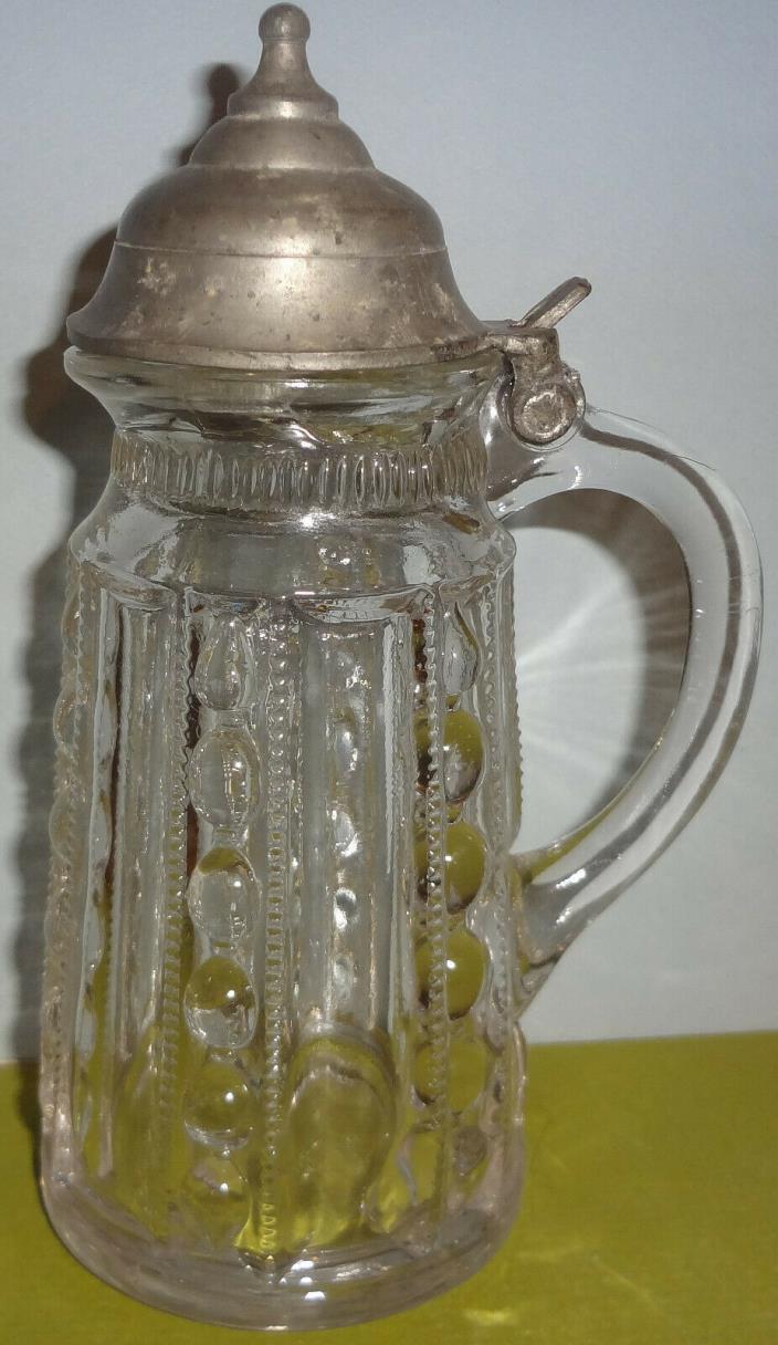 VRare EAPG 1880 METZ #1589 PANELLED BEADS glass SYRUP JUG - PEWTER TOP