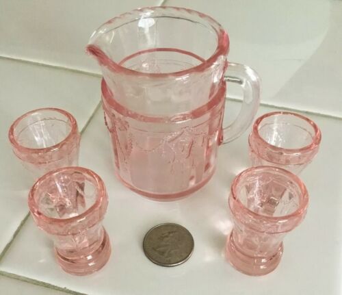 Pink Depression Glass Shot Glasses And Miniature Pitcher Excellent Condition