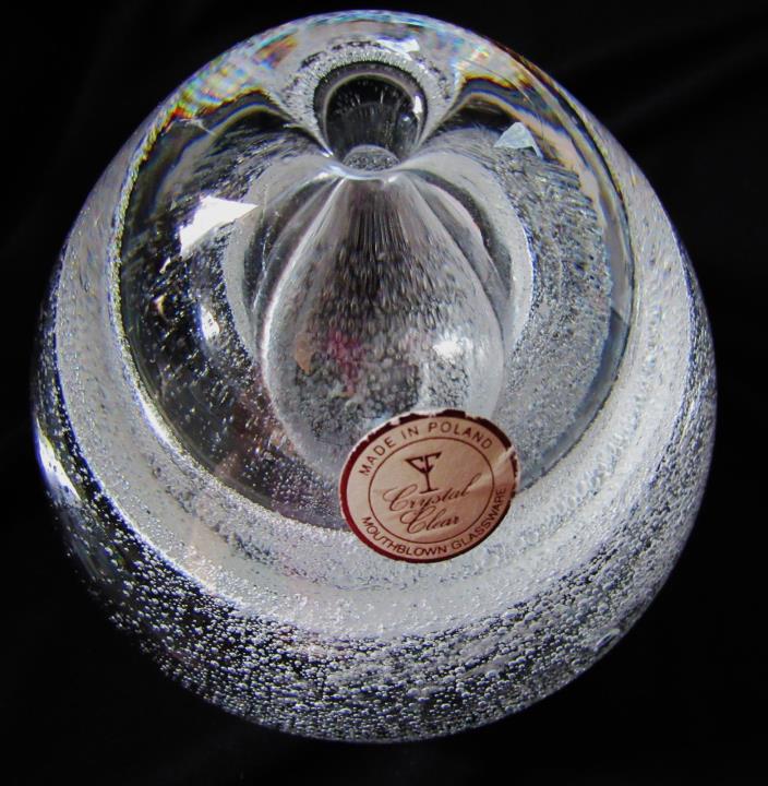 VINTAGE HOLE IN TOP  CRYSTAL BUBBLE HEAVY GLASS PAPERWEIGHT POLAND MOUTHBLOWN