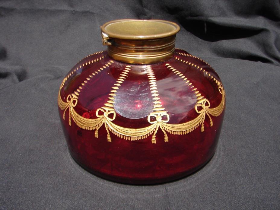 FANCY CRANBERRY GLASS GOLD ENGRAVED LIDDED INK WELL