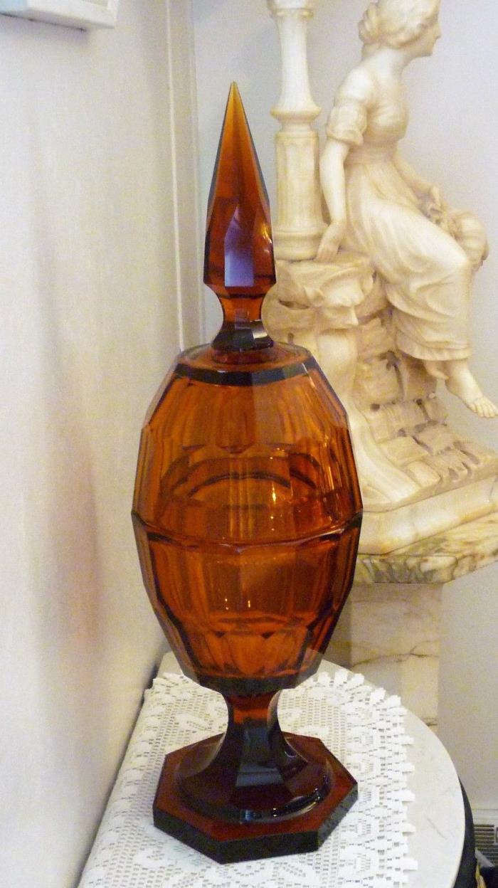 19 Century 24 Inch Tall Continental German Style Amber Cut Glass Decorative Urn