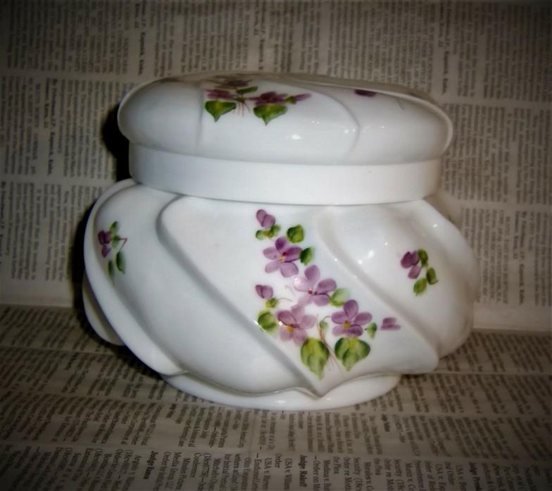 Antique Puffy Violets BOX Victorian Milk Glass Hand Painted Cottage Chic Jewelry