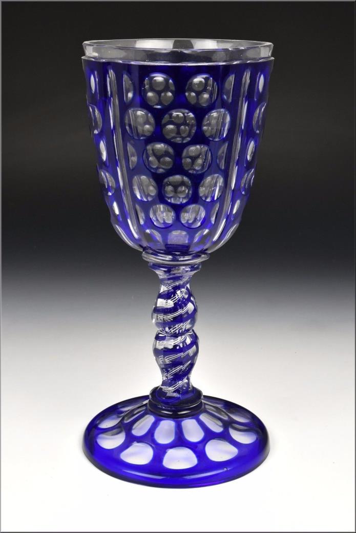 Rare 19th Century Double Air Twist Stem  Cobalt Cut To Clear Overlay Chalice