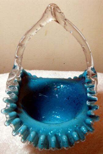 Antique Victorian Art Glass Basket Blue with Mica Chips and Thorn Handle
