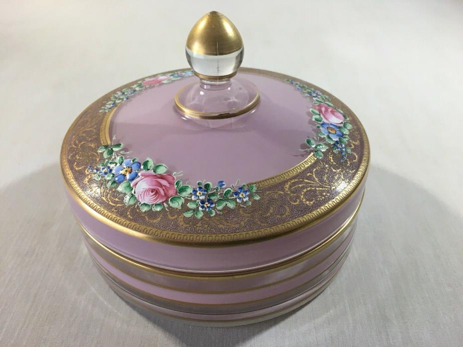 Antique Bohemian Glass Lidded Trinket Candy Dish Hand Painted Pink Floral