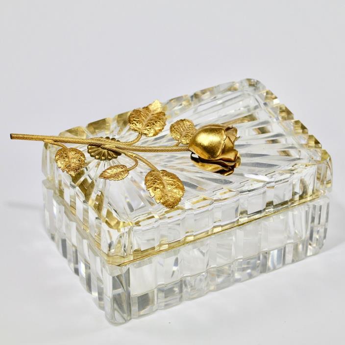Vintage French cut lead clear Crystal hinged trinket or jewelry BOX ormolu Rose