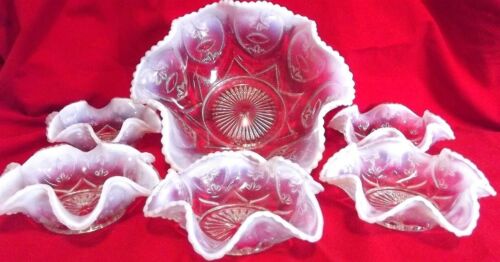 6Pc Antique Jeweled Heart Dugan Victor Victorian Opalescent Glass Berry Set