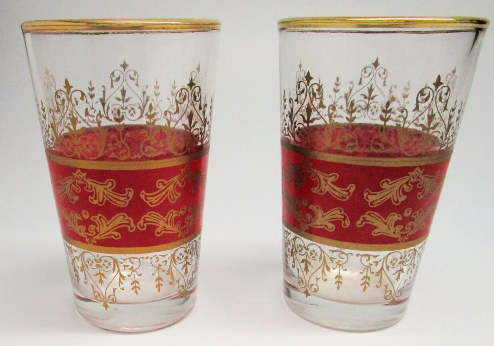 Set of Two Pretty Red and Gold Drinking Glasses, 3 & 1/2