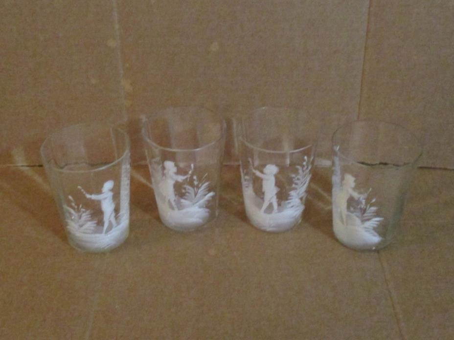 Antique Mary Gregory Glass Tumblers Etched 4 Pieces Boy and Girl Real Antique