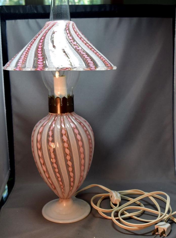 Rare Italian Latticino Ribbon Art Glass All Original Electric Lamp w/Shade!