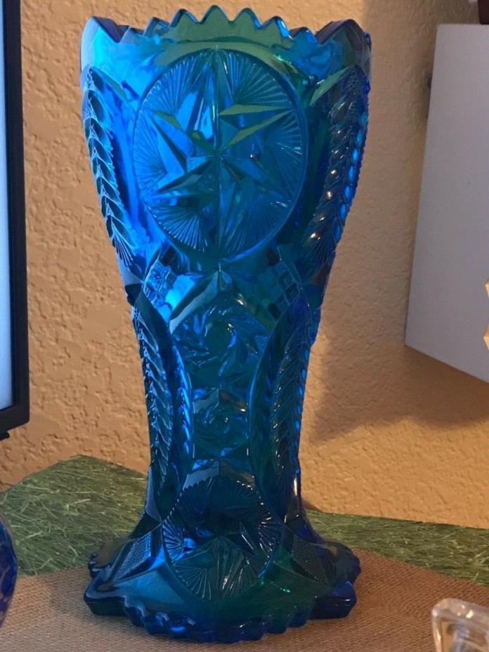 Beautiful Antique Vintage Blue Pressed Glass Vase 9” Tall