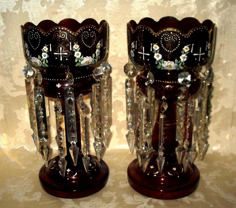 Outstanding Victorian Pair of Enamel Gilt Red Glass Lusters, 14 1/8