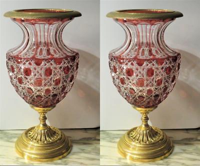 EXQUISITE PAIR OF RARE BEAUTIFUL EMPIRE RED CRYSTAL BACARRAT STYLE VASE URNS!!
