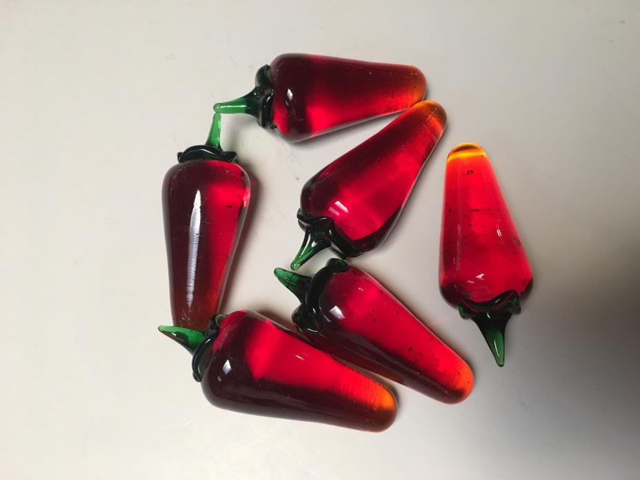 Six (6) Art Glass Red Chili Peppers with Green Stems