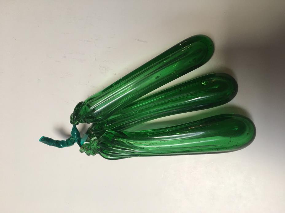Three (3) Art Glass Green Cucumbers with handwrapped Stems