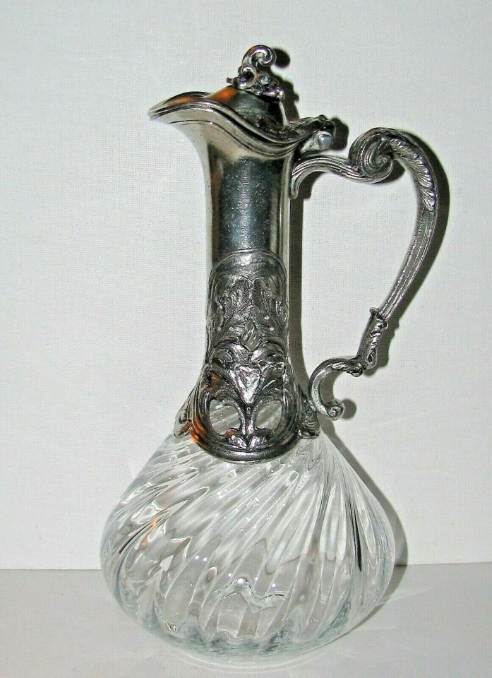 Vintage Crystal Ewer Carafe Silver Pewter Art Nouveau Casing