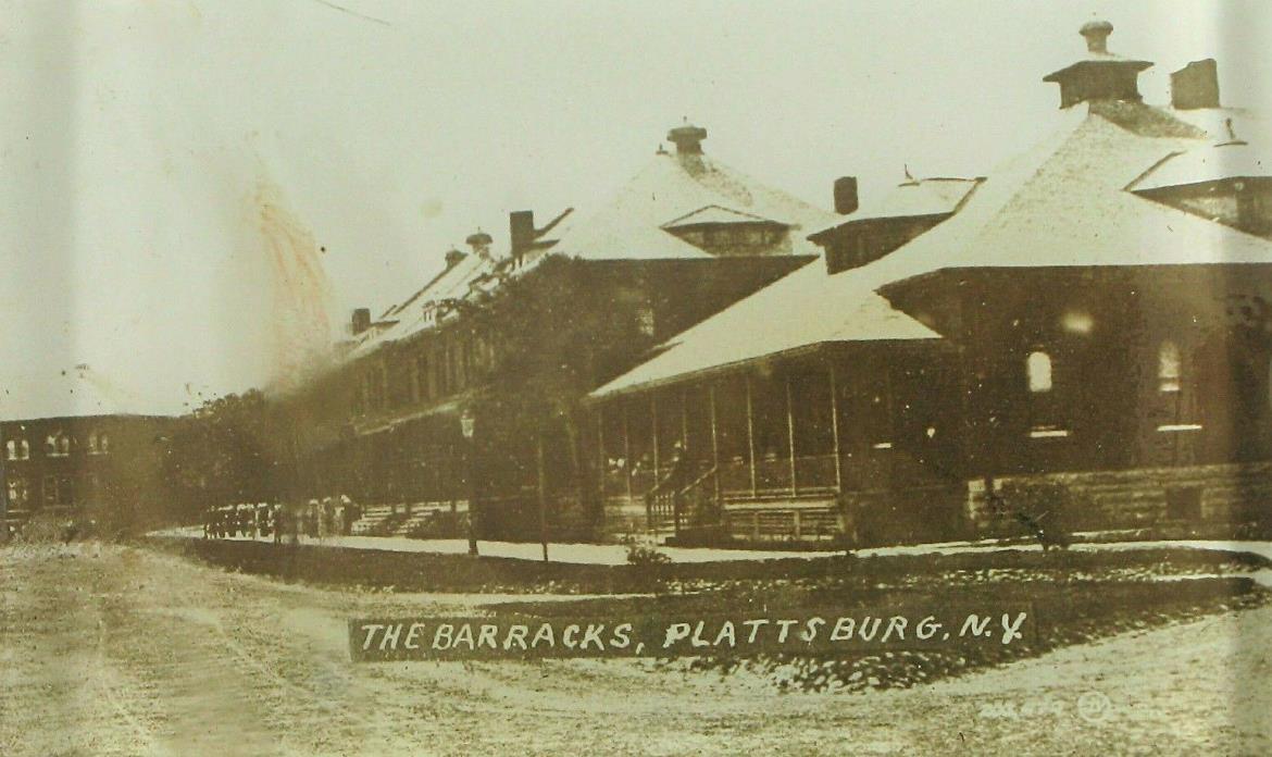 ANTIQUE PHOTO GLASS PAPERWEIGHT PEN HOLDER BARRACKS PLATTSBURG NY PLATTSBURGH !