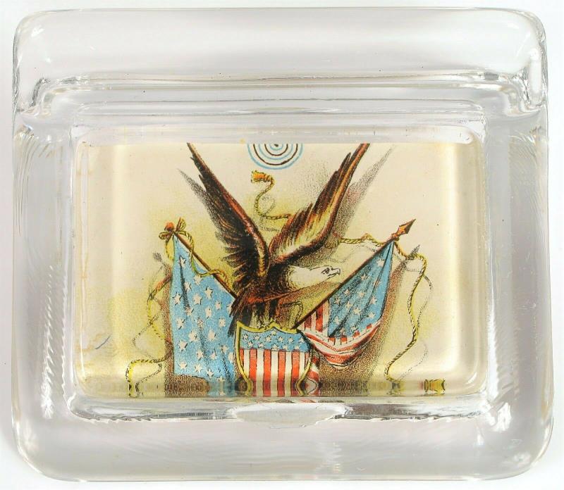 ANTIQUE PHOTO GLASS PAPERWEIGHT PEN HOLDER FEDERAL EAGLE CIVIL WAR UNION FLAG !