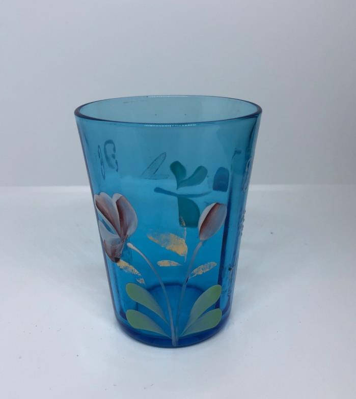 antique blue glass tumbler with enamelled flowers