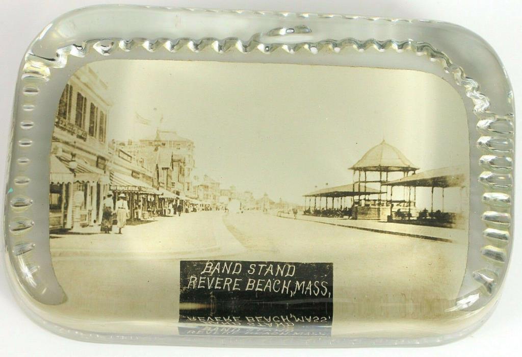 ANTIQUE PHOTO GLASS PAPERWEIGHT REVERE BEACH BOSTON MASS CONCERT BAND STAND MA
