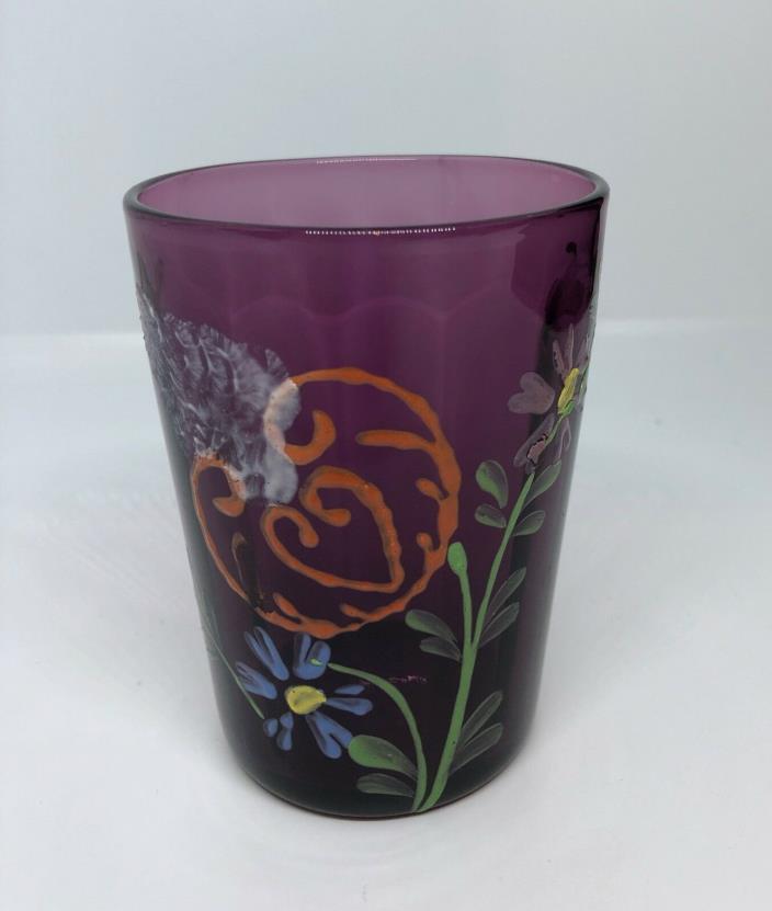 antique amethyst glass tumbler with enamelled flowers