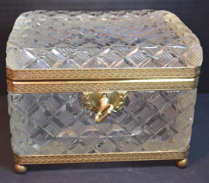 Large French Glass Cut Crystal and Brass Mounted Box