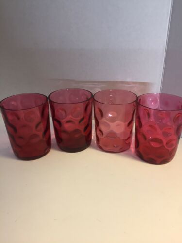 4 VICTORIAN CRANBERRY GLASS TUMBLERS INVERTED COIN THUMBPRINT FISH EYE OPTIC