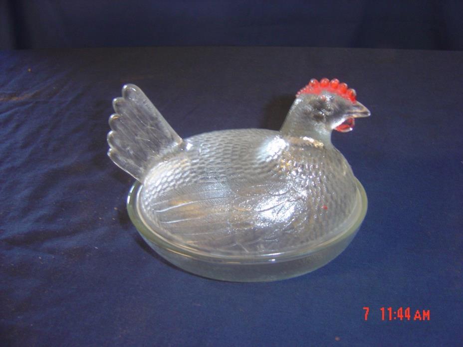 VINTAGE Candy Dish Hen Chicken On Nest Glass 6 3/8