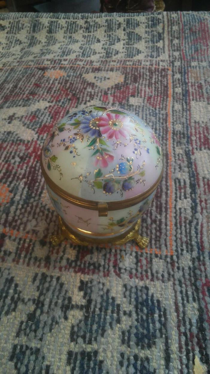French Opaline Glass Egg Trinket Box Enamel Flowers Gold Swirl
