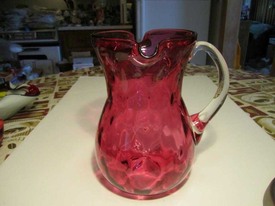 Antique Large Hand Blown Cranberry Glass Double Spout Top Handled Pitcher