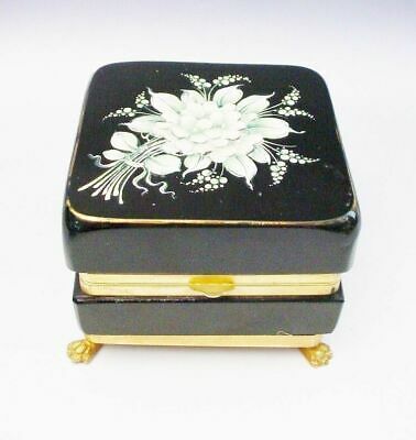 French Black  Opaline Box “Applied White Flowers and Hairy Paw Feet.”