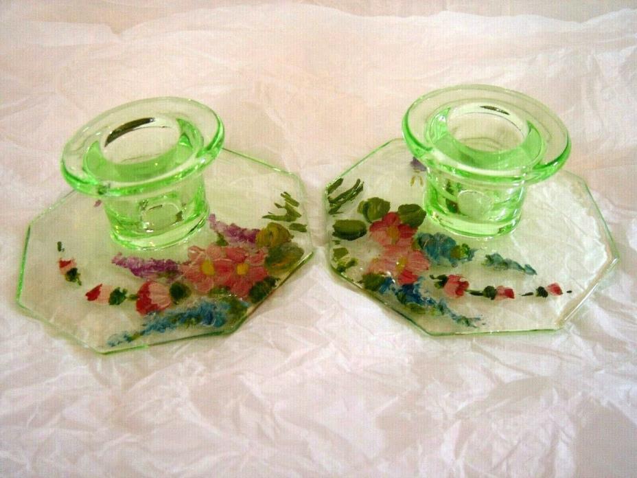 2 VINTAGE ANTIQUE GREEN GLASS CANDLE STICKS HAND PAINTED DELICATE FLOWERS