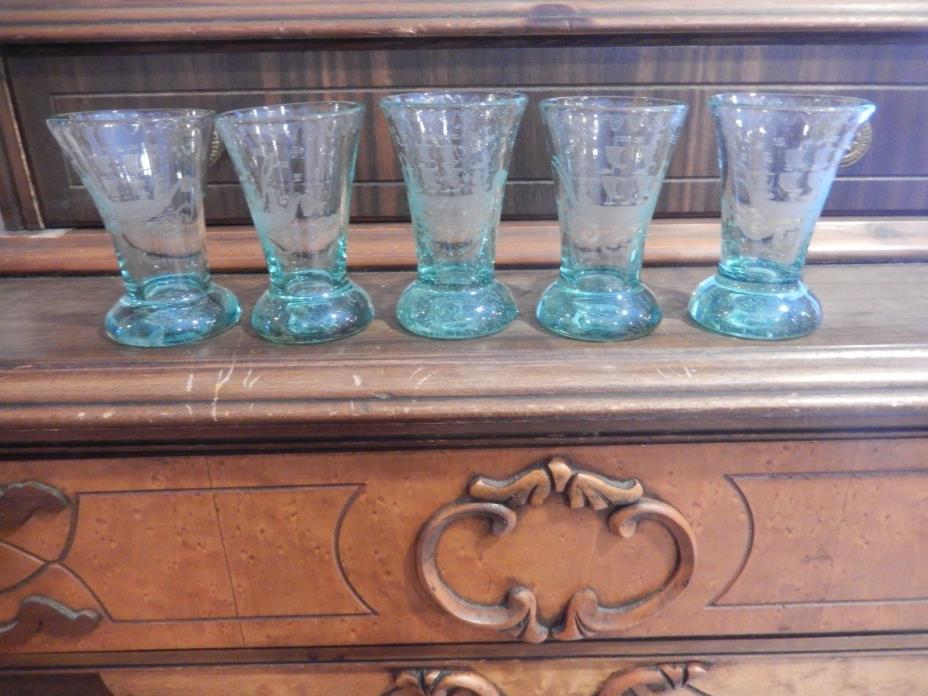 shot glasses with etching of a ship,Very Unique, Hand blown, aqua green 5 total
