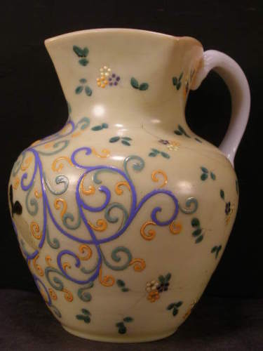 19 c Cased Cranberry HAND PAINTED Enamel BUTTERFLY Opaline Custard Glass Pitcher