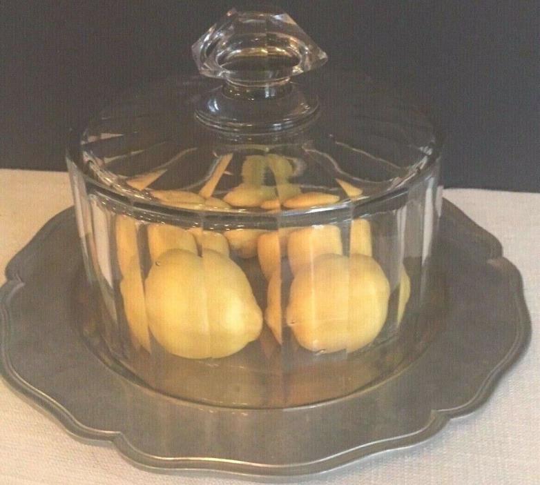 Antique French Glass Cloche Dome With Old Pewter Plate